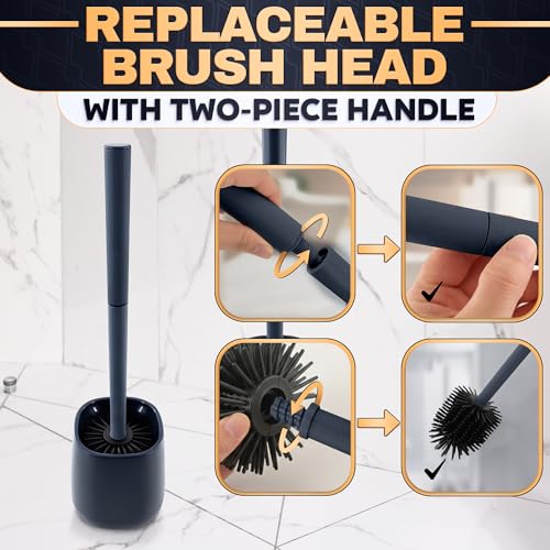 Toilet Brush and Holder Set - Silicone Toilet Bowl Brush with Black Holder Base, Compact Bath Accessory for Small Spaces - Easy to Place and Simple to Store After Use, Plastic Bathroom Cleaning Tool - color: Black