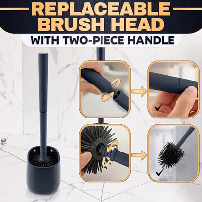Toilet Brush and Holder Set - Silicone Toilet Bowl Brush with Black Holder Base, Compact Bath Accessory for Small Spaces - Easy to Place and Simple to Store After Use, Plastic Bathroom Cleaning Tool - color: Black