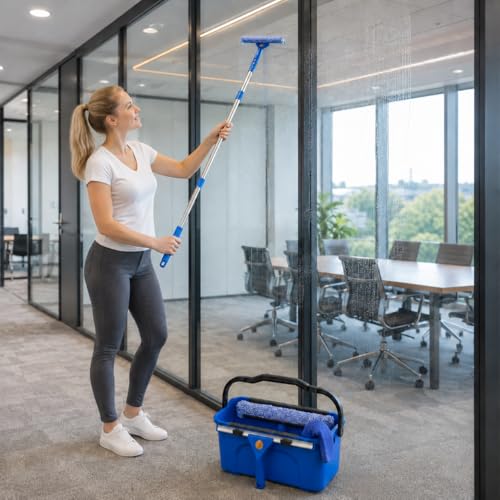 UFORU Professional Window Cleaning Kit with Bucket, 3 Gallon Set with 14" Window Squeegee, 15" Microfiber Scrubber and 76" Long Handle for High Window, Home, Outdoor, Commercial and Car Glass Cleaning