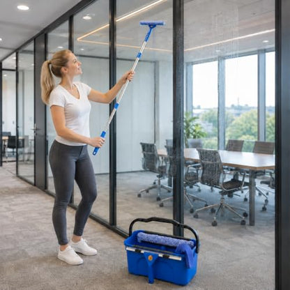 UFORU Professional Window Cleaning Kit with Bucket, 3 Gallon Set with 14" Window Squeegee, 15" Microfiber Scrubber and 76" Long Handle for High Window, Home, Outdoor, Commercial and Car Glass Cleaning