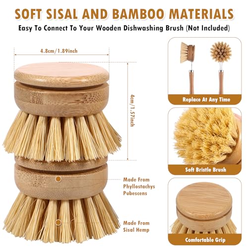 Bamboo Dish Brush, 6 Replacement Heads, Natural Washing Up Brushes Heads, Dish Scrub Brush Replacement Brush Refill, Soft Sisal Bristle Dish Scrubber, Brush for Kitchen Cleaning Pots Pans