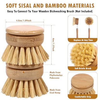 Bamboo Dish Brush - 6 Replacement Heads, Soft Sisal Bristle Scrubber, Brush for Kitchen Cleaning
