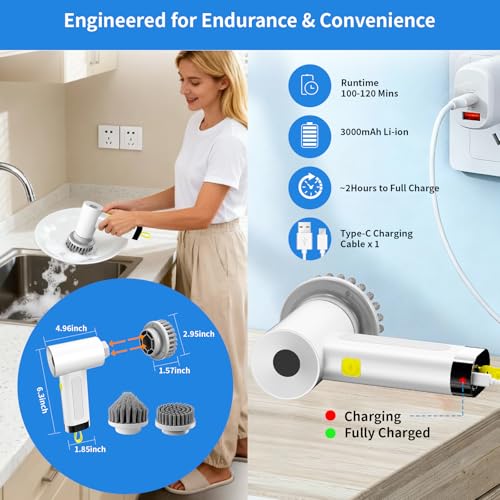 3000mAh Cordless Electric Spin Scrubber, 20W High-Torque IPX7 Waterproof Cleaning Brush with 6 Replaceable Heads, Dual Speed 150-180 Mins Runtime for Kitchen Bathroom Car - size: S2 M