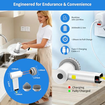 3000mAh Cordless Electric Spin Scrubber, 20W High-Torque IPX7 Waterproof Cleaning Brush with 6 Replaceable Heads, Dual Speed 150-180 Mins Runtime for Kitchen Bathroom Car - size: S2 M