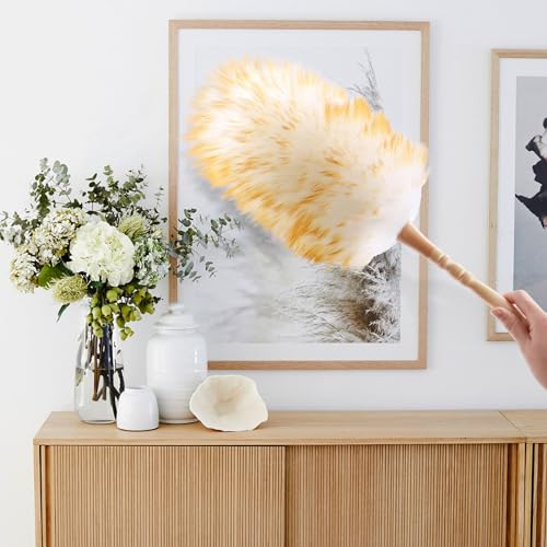 Lambswool Duster for Cleaning with Solid Wooden Handle Leather Hang Strap 19.6 inch Natural Feather Duster for Cleaning Ceiling Fans Window Blinds Computer Furniture(2 Pack) - size: 19.6Inch