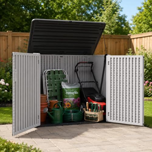 ADDOK 38 Cu.Ft Outdoor Storage Shed with Floor,Large Waterproof Resin Storage Cabinet with Lift-Up Lid,Double Doors and Lockable Design for Lawn Mower,Garden Tools, Patio,Backyard and Pool Supplies - size: Off-White 38 Cu.Ft