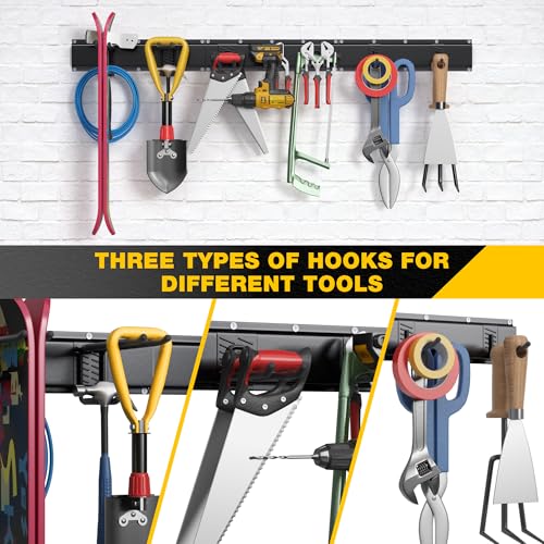 Garage Tool Organizer Wall Mount with 48 inches Rails and 7 Adjustable Heavy-Duty Hooks, Garden Tool Organizer, 10 Pack Carries 440 lbs, Heavy Duty Garage Storage Rack For Yard, Shed, Easy to install - size: 48 inch with 3 Panels & 7 Hooks