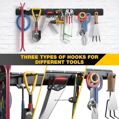 Garage Tool Organizer Wall Mount with 48 inches Rails and 7 Adjustable Heavy-Duty Hooks, Garden Tool Organizer, 10 Pack Carries 440 lbs, Heavy Duty Garage Storage Rack For Yard, Shed, Easy to install - size: 48 inch with 3 Panels & 7 Hooks