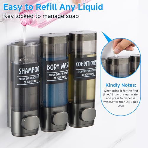 Shampoo and Conditioner Dispenser,GlintGath Shower Dispenser 3 Chamber No Drill Shampoo Dispenser for Shower Wall Mounted Shower Soap Dispenser for Bathroom Hotel,3 * 300ML,Gun Gray - color: Gun Gray 3 Chamber