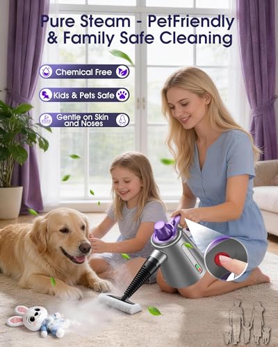 Handheld Steam Cleaner for Home, Pressurized Multi Purpose Steamer for Cleaning Upholstery Bed Furniture Couch Carpet Car with 14 Accessories & Safety Lock, Small Container for Grease