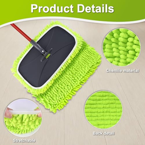 Mops for Floor Cleaning, Dust Mop for Hardwood Floors, Extra Large Floor Mop with Extendable Handle and 3 Reusable Chenille Mop Pads, Flat Dust Mops for Hardwood, Marble, Vinyl, Tile Floors Cleaning