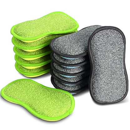 12 Pack Multi-Purpose Scrub Sponges for Kitchen by SmilePowo Non-Scratch Microfiber Sponge Along with Heavy Duty Scouring Power - Effortless Cleaning of Dishes, Pots and Pans