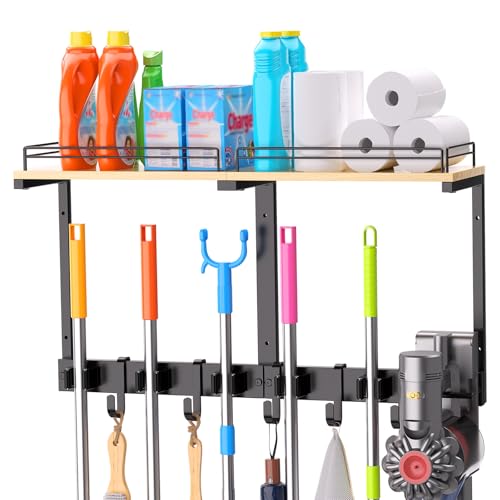 HOOMESUN Broom Holder Wall Mount with Shelf & Guard Rail, Upgraded No-Fall Storage, 120 lbs Heavy Duty Cleaning Organizer, 5 Clamps 4 Hooks, Thick Metal & Wood Rack for Laundry Room Garage