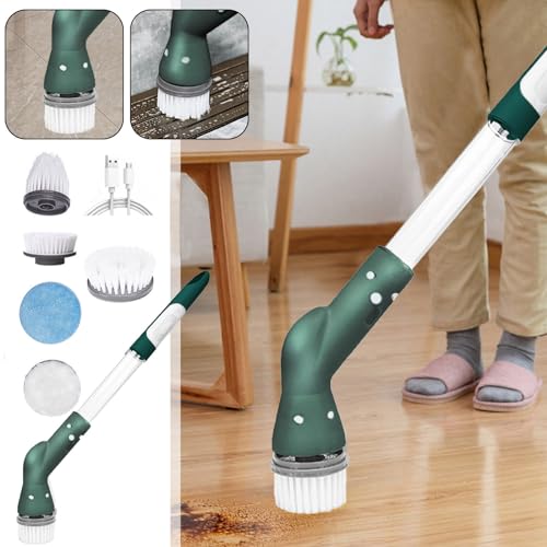 Electric Spin Scrubbers,Cordless Spin Scrubbers with 5 Replaceable Brush Heads and Adjust Extension Handle,Power Cleaning Brush for Bathroom Floor Tile, Green