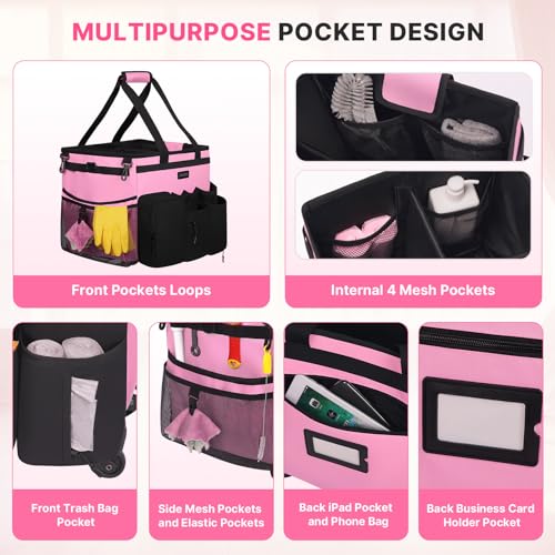 JKAOO Large Rolling Cleaning Caddy Bag with Detachable Trolley, Pink | Waterproof Cleaning Caddy with Wheels, 40L Wheeled Organizer Cart for Supplies, Housekeepers, Home, Office, Car, Picnic - color: Pink