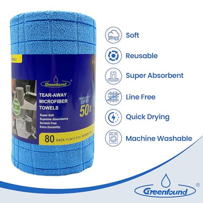 Greenfound Microfiber Cleaning Cloth Roll, 80 Pack Tear Away Towels, Reusable Washable Lint Free Scratch Free Absorbent Cleaning Rags for Kitchen Home Car Window Glass, 11.5 x 11.5 Inch Check Blue - color: Check Blue