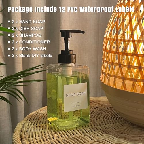 Clear Soap Dispenser with Waterproof Labels, Thickened Plastic Hand Soap Dispenser for Bathroom, Kitchen Dish Washing Liquid Bottles, Shampoo and Conditioner Bottles with Funnel (15oz 2Pack Clear) - color: 15oz 2pack Clear