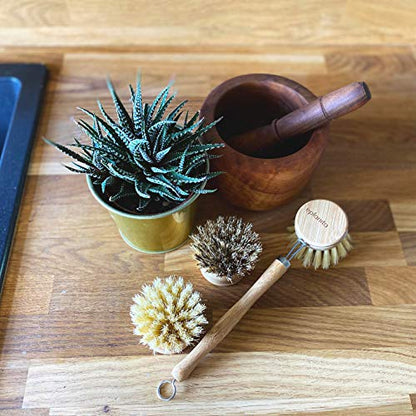 eplanita Natural Dish Brush, 3 Replacement Heads, Kitchen Eco Bamboo Scrubber Brushes, Extra Plant Sponge, Plastic Free Washing Up, Zero Waste Cleaning