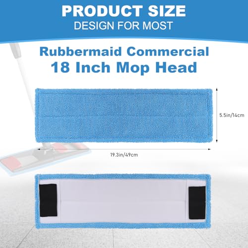 Replacement Flat Mop Pads Fit for Rubbermaid Commercial 18 Inch Adaptable Mops - 6 Pack Wet & Dry Microfiber Professional Cleaners Reusable Refills for Light-Duty Floor Cleaning- Blue