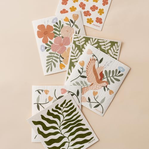 RECYCO Swedish Dishcloths for Kitchen | 6 Pack Birdsong and Blooms Washable Dish Rags | Cellulose Reusable Cleaning Paper Towels | Absorbent Counter Dish Cloth Sponge Kitchen Wipes, 8" L x 7" W - color: Birdsong and Blooms - 6 Pack