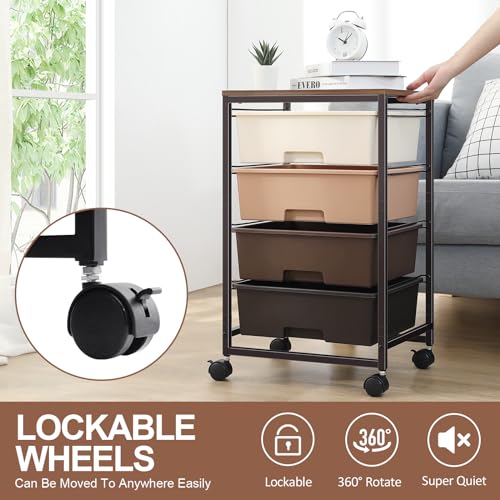 SYKIARIOL Utility Cart with 4 Drawers,Rolling Storage Cart with Drawers,Storage Rolling Drawer Cart,Brown - color: Dark Brown