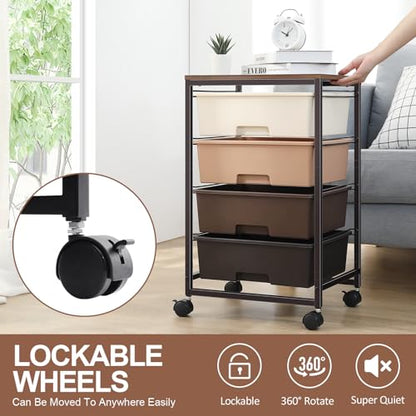 SYKIARIOL Utility Cart with 4 Drawers,Rolling Storage Cart with Drawers,Storage Rolling Drawer Cart,Brown - color: Dark Brown