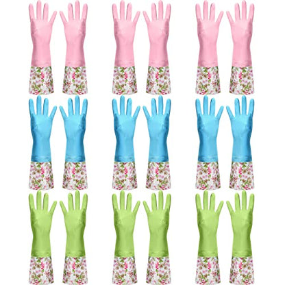 Mimorou 9 Pairs Household Dishwashing Rubber Gloves Long Cuff and Flock Lining Cleaning Gloves Reusable Waterproof