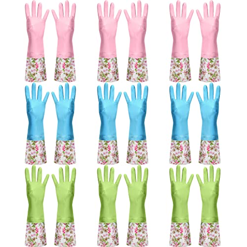 Mimorou 9 Pairs Household Dishwashing Rubber Gloves Long Cuff and Flock Lining Cleaning Gloves Reusable Waterproof