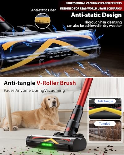 Cordless Vacuum Cleaner, 75Mins/55KPa/650W Freestanding Vacuum Cleaners for Home, with Anti-Static&Anti-Tangle Brush, LED Touch Screen, Stick Vacuum for Carpets, Pet Hair, Hardwood Floors