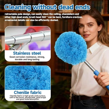 Extendable Microfiber Duster, Telescoping Dusting Brush for Home and Car Cleaning, Adjustable Length, Soft and Flexible - color: Round Blue
