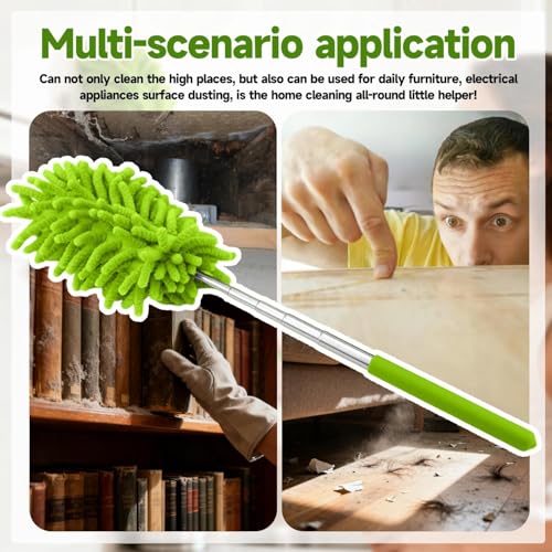 Extendable Microfiber Duster, Telescoping Dusting Brush for Home and Car Cleaning, Adjustable Length, Soft and Flexible - color: Elongated Green
