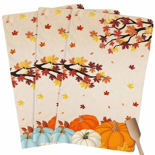 Fall Kitchen Towels Orange Pumpkin Thanksgiving Hand Towels Maple Leaf Tree Dish Towel Cleaning Cloth Soft Absorbent Quick Drying 3 Pack Dish Cloths for Kitchen, Bathroom Autumn Decoration - color: Orange Yellow, size: 3PCS