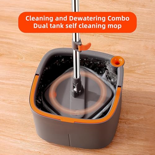 Spin Mop and Bucket Set with 14 Replaceable Microfiber Mop Pads with Self Separation Dirty and Clean Water System, Self Wringing 360° Rotating Square Mop Head for Hardwood Tile Marble Floors