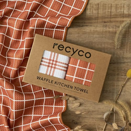RECYCO Waffle Kitchen Towel Set of 2 - Quick Dry Microfiber Sustainable Dish Towels - Ultra Absorbent Reusable Cleaning Tea Towels - Lightweight Hand Towels,16”x 28”, Farmhouse Plaid - color: Farmhouse Plaid