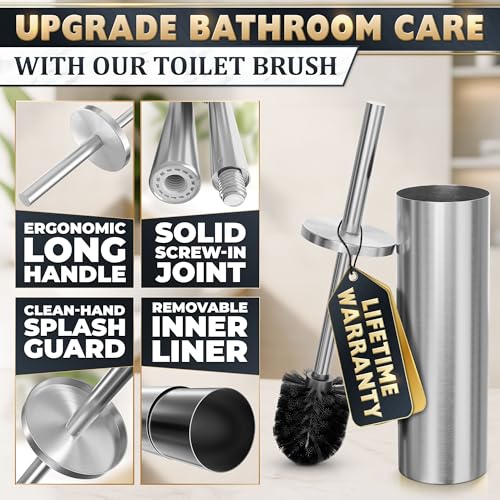 Stainless Steel Toilet Brush and Holder Set - Free-Standing Toilet Bowl Brush and Holder with Removable Inner Bowl, Splash Cover, Sturdy Bristles, Corrosion & Scratch Resistant - Modern Toilet Design - color: Silver