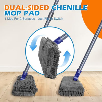 Masthome Dual Sided Flip Mop, Wet Dry Microfiber Dust Mop with 4 Pads & Scraper, 360° Swivel for Hardwood, Laminate, Tile, Pet Hair Cleaning - color: Blue Flip
