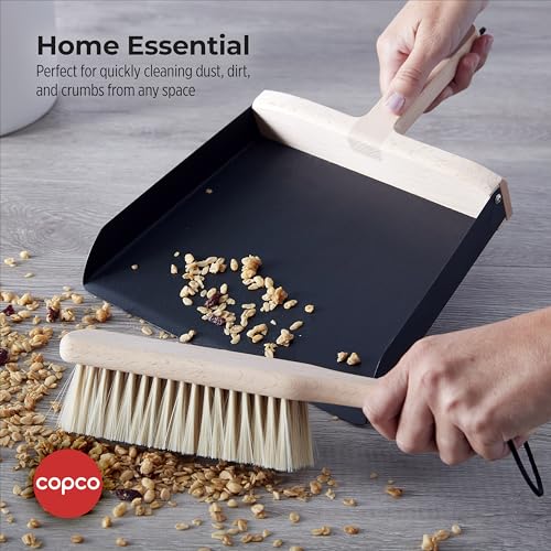 Copco Hand Brush and Dustpan Set - Wooden Beechwood Handle Broom and Dust Pan with Soft Bristles, Leather Loop Hanging Storage, Iron Dustpan, Kitchen and Home Cleaning Essentials