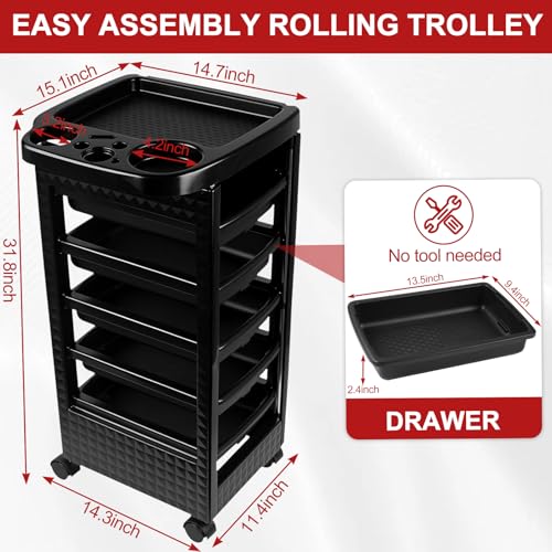 Roixeeds Salon Trolley Cart with Wheels and 5 Drawers, Salon Rolling Cart for Hair Stylist