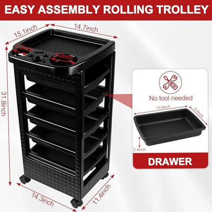 Roixeeds Salon Trolley Cart with Wheels and 5 Drawers, Salon Rolling Cart for Hair Stylist