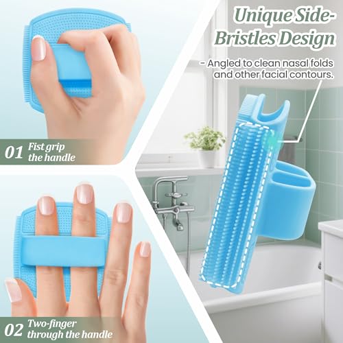 Silicone Back/Body/Face Scrubber & Lymphatic Contour Face Brush Set 4PCS, 13.4'' Soft Back Scrubber, 360° Anti-Slip Bath Glove, Unique Side-bristled Face Scrubber for All-Round Cleaning(Blue) - color: Blue*4