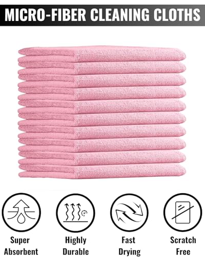 10 Pack All Purpose Microfiber Cleaning Cloth - Pink Cleaning Rags, Terry Cleaning Paper Towels - Commercial Grade, Lint Free, Highly Absorbent - 12x12 inch (Pink) - color: Pink