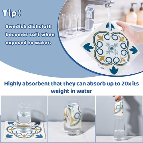 Needbrock 6 Pack Swedish Dishcloths for Kitchen,Swedish Rags Dish Towels with Clips, Reusable Paper Towels Washable Absorbent Cellulose Sponge Cloths for Countertop Dishes Sink Kitchen - color: Geometric Style