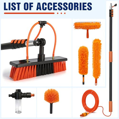 Up to 24FT Reach Water Fed Pole Window Cleaning Kit, 18FT Telescopic Extension Pole with 180° Rotating Brush & Built-in Soap Dispenser for Solar Panels, Windows, RVs, Gutters & Exterior Walls