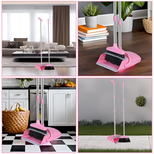 Broom and Dustpan Set, Broom with Dustpan Combo Set for Home Office Kitchen(Pink)