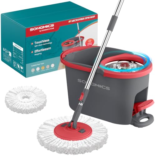 SONGMICS Spin Mop and Bucket Set with Pedal Wringer, Floor Cleaning Mop, Adjustable Telescopic Handle, Max. 59.1-Inch Length, 360° Rotating Head, 1 Microfiber Pad, Gray and Red ULMB002GT01 - color: Gray + Red, size: 1 Pad