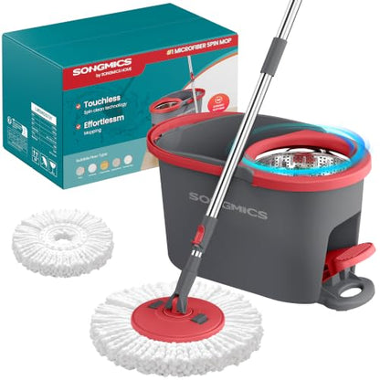 SONGMICS Spin Mop and Bucket Set with Pedal Wringer, Floor Cleaning Mop, Adjustable Telescopic Handle, Max. 59.1-Inch Length, 360° Rotating Head, 1 Microfiber Pad, Gray and Red ULMB002GT01 - color: Gray + Red, size: 1 Pad