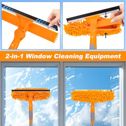 Window Squeegee Cleaner Tool with Extension Pole: 2-in-1 Window Cleaning Kit - 86.6 Inch Telescopic Long Window Cleaning Tool for High Windows Glass with 2 Microfiber Cloth & Squeegee Blade - color: Orange
