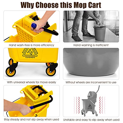 Goplus Commercial Mop Bucket with Wringer, Household Portable Mop Bucket, Ideal for Household and Public Places Floor, 26 Quart Capacity, Yellow (26 Quart) - size: 26 Quart