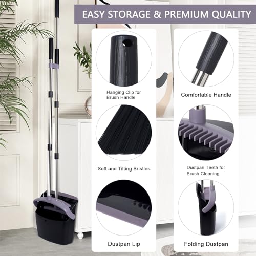 Broom and Dustpan Set, Dustpans with Broom Combo for Home, Heavy Dust Broom and Dustpan Combo, Long Handle Dust Pan and Broom Set for Kitchen, Office, Pet Hair, Charcoal Color, Pack of 1 - color: Charcoal Black