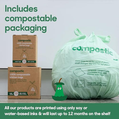 Compostic Compostable Trash Bags, 3 Gallon Small (50 Count) Starter Pack — Home Compostable, Plant-Based, Extra Strong, Non-Toxic, Unscented Garbage Bags for Bathroom & Office - size: 50 Count (Pack of 1), style: Small 3 Gallon